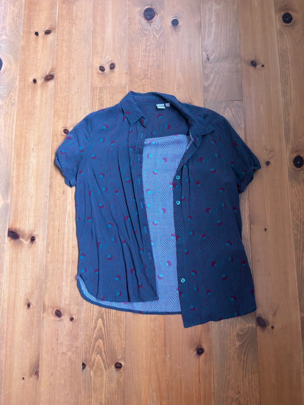 SIMONS - Teal Button-Up Shirt with burgundy psychedelic Pattern - S